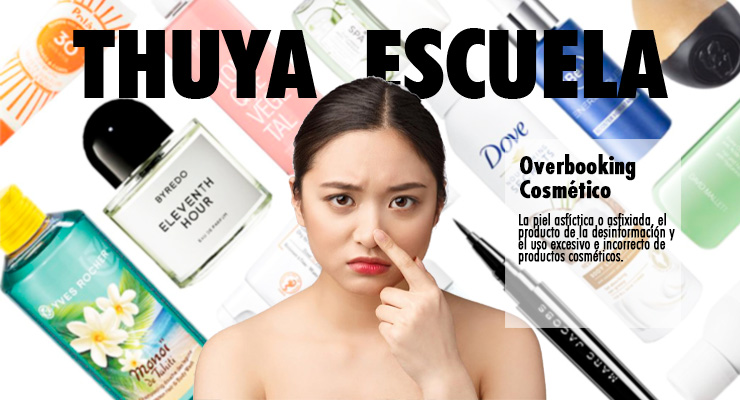 collage de productos de skincare y una mujer en primer plano con una chica tocándose la nariz, en el texto se lee thuya escuela