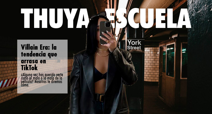 Sobre un fondo del metro de noche se ve una chica con chaqueta negra haciéndose una foto y se lee Thuya Escuela en la parte superior
