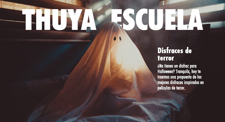 en una habitación tenebrosa se ve una persona con un disfraz de fantasma, en la parte superior se lee Thuya Escuela y en el lado derecho el título disfraces de terror
