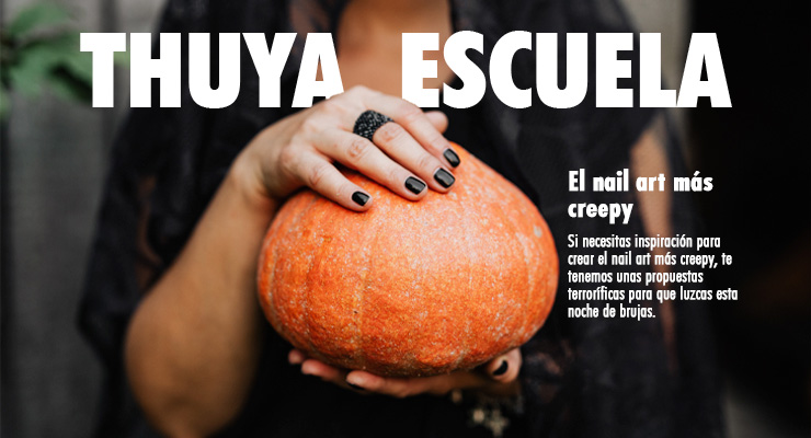 plano medio de una chica sosteniendo una calabaza en sus manos con manicura negra, en la parte superior se lee Thuya Escuela