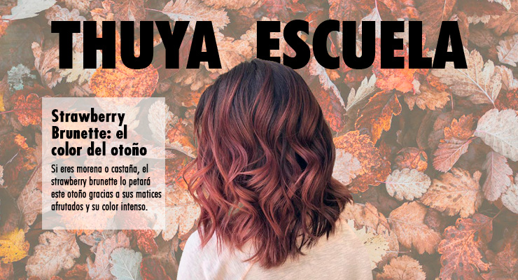 una chica de espaldas con cabello corto y ondas con color brunette aparece frente a un fondo de hojas, en la parte superior se lee Thuya Escuela